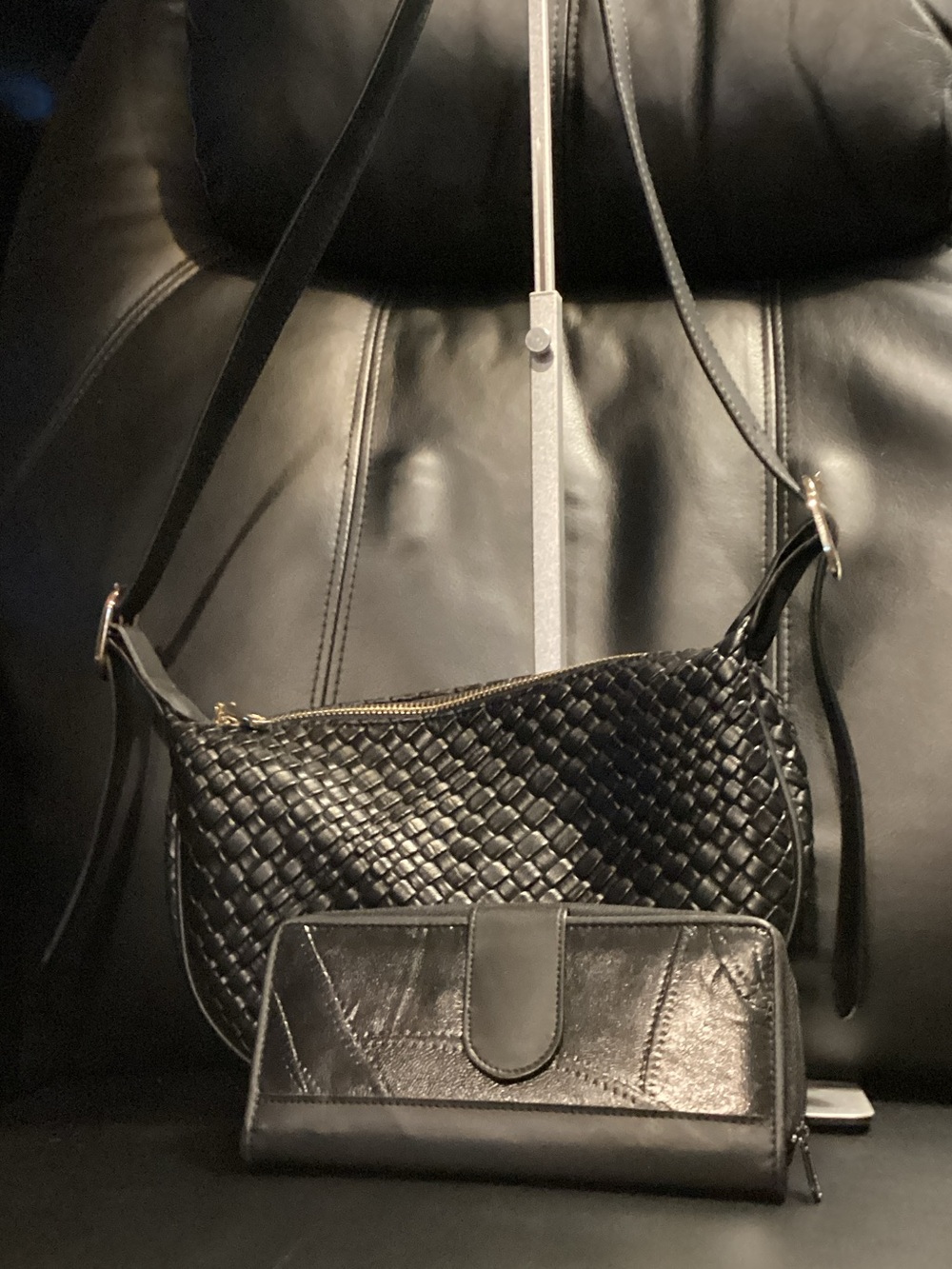 Bostonian Black Woven Leather Shoulder Bag with Matching Wallet